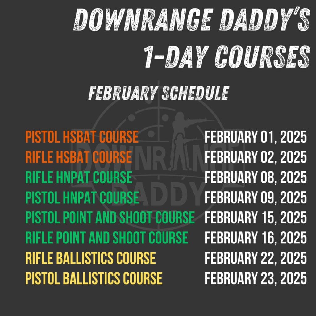 Downrange Daddy Pistol/Rifle HSBAT and Pistol/Rifle HNPAT , Pistol/Rifle Point and Shoot, Pistol/Rifle Ballistics Course 1-Day Courses Schedule for February 2025