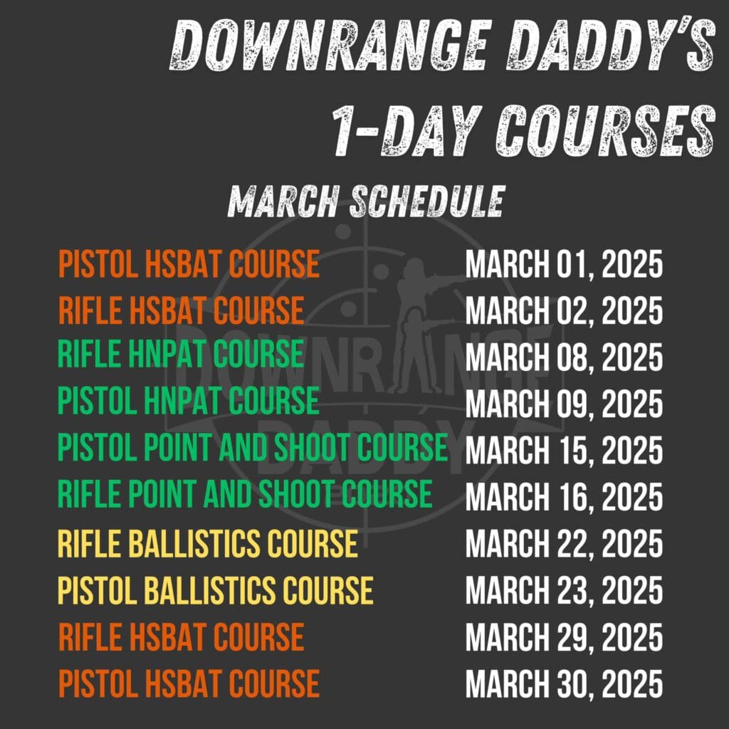 Downrange Daddy Pistol/Rifle HSBAT and Pistol/Rifle HNPAT , Pistol/Rifle Point and Shoot, Pistol/Rifle Ballistics Course 1-Day Courses Schedule for March 2025